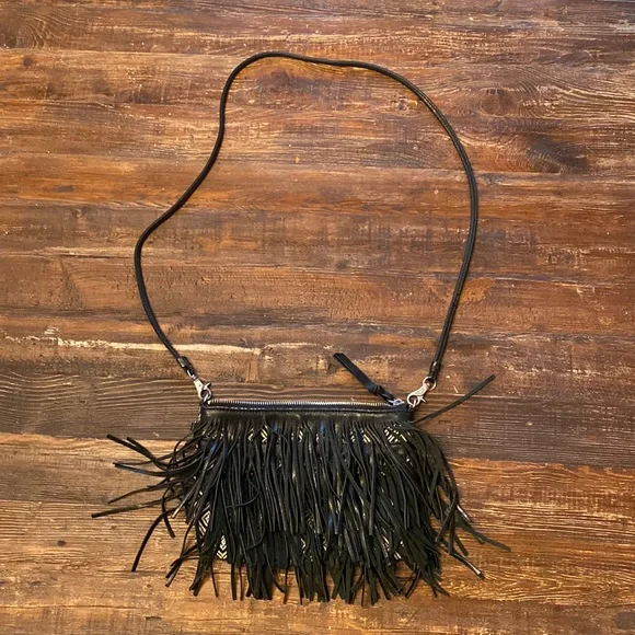 Sam Edelman Handbag / Black Leather Fringe w/ Back Black and Ivory Fabric Purse - Picture 2 of 4